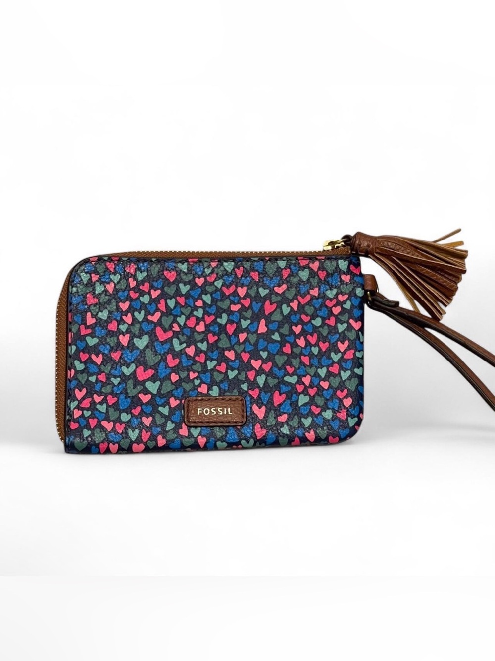 Fossil Heart Print Zip Wristlet Wallet Multicolor Hearts Leather Tassel